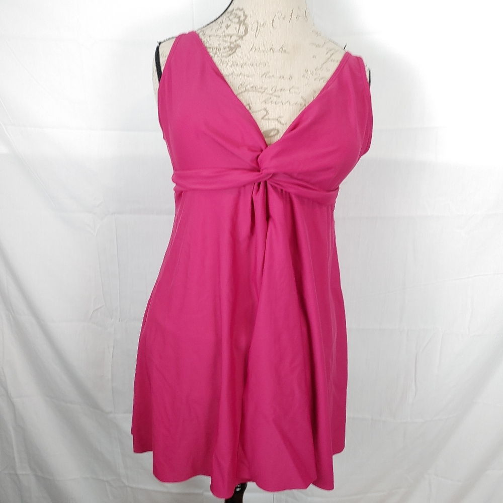 Simply Fit Pink One Piece Swim Dress Front Knot, Adjustable Straps Size XL
